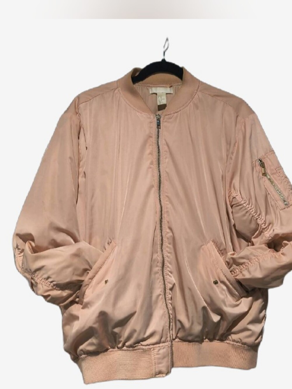 H&M Blush Pink Ruched Sleeve Bomber Jacket Flight Coat - Size 14